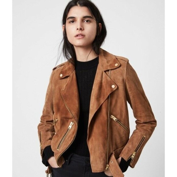 All Saints Jackets & Blazers - ALLSAINTS Suede Balfern Biker Jacket Moto Tan Brown Leather Blogger 0 NWT $498
